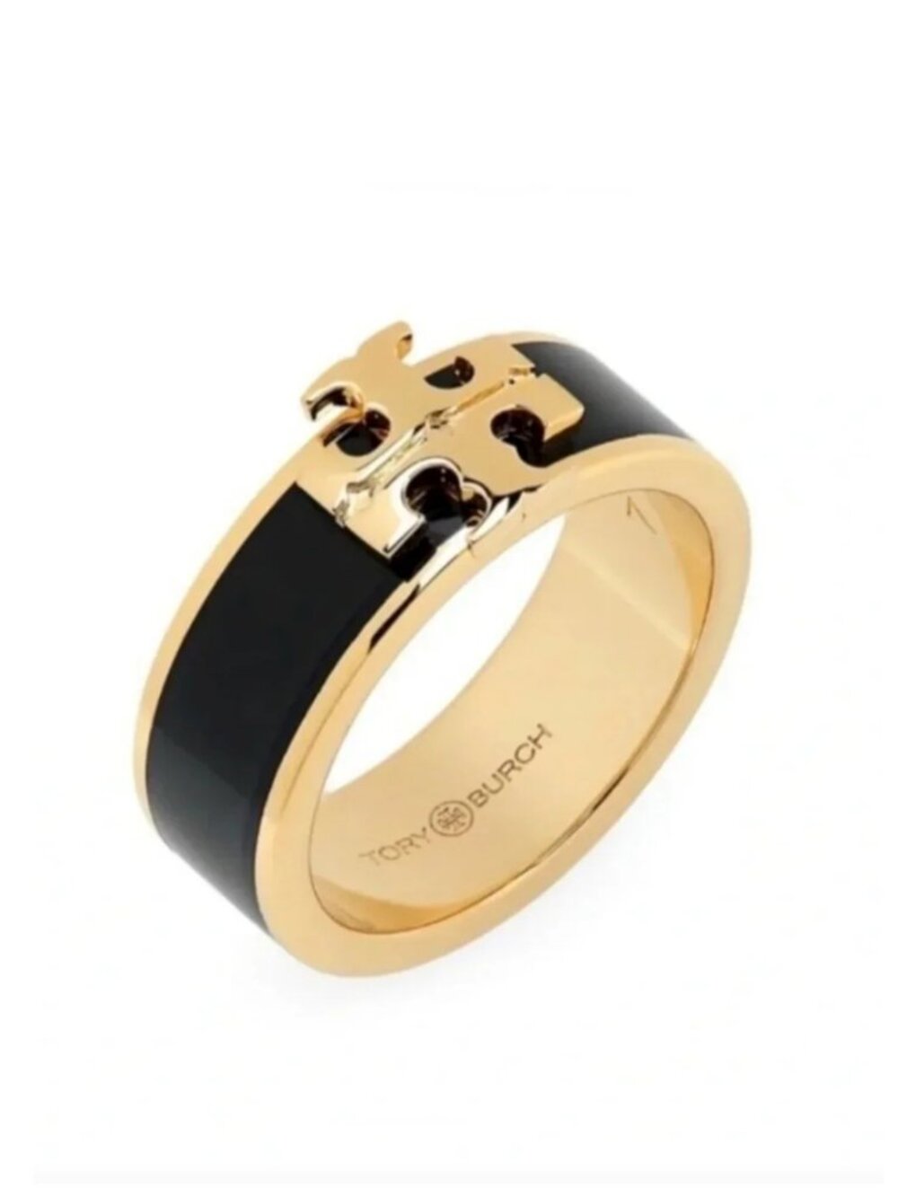 Tory Burch Black Enamel Double T Ring Gold Tone Statement Ring Size 8